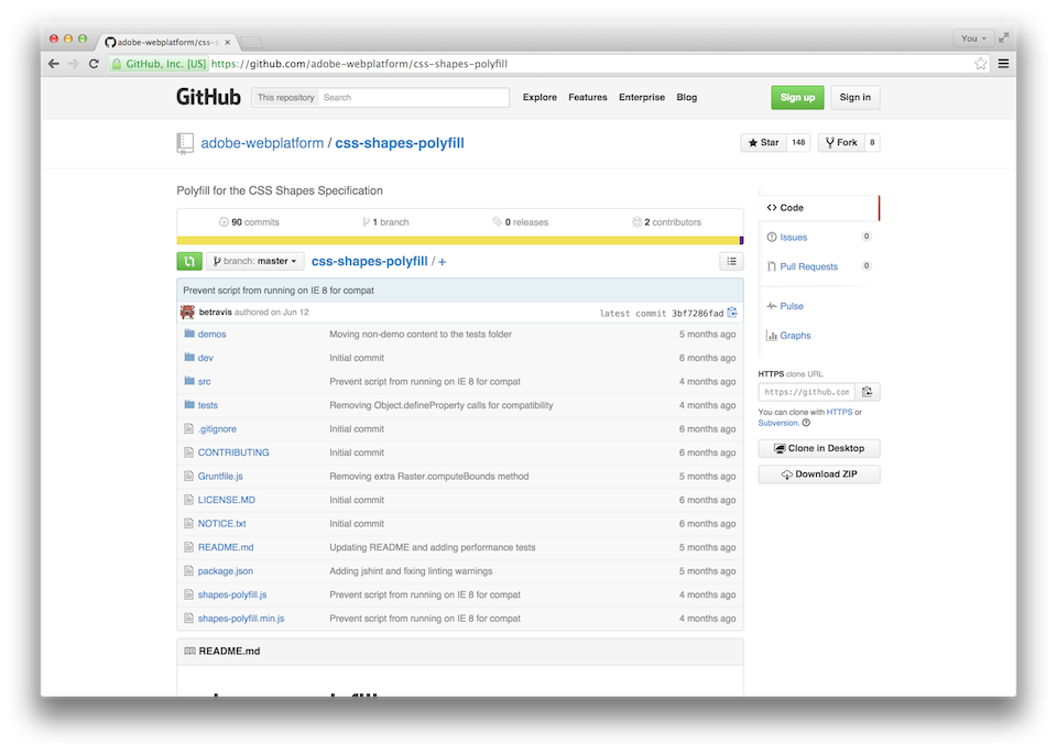 Screenshot of GitHub repository for CSS Shapes Polyfill script